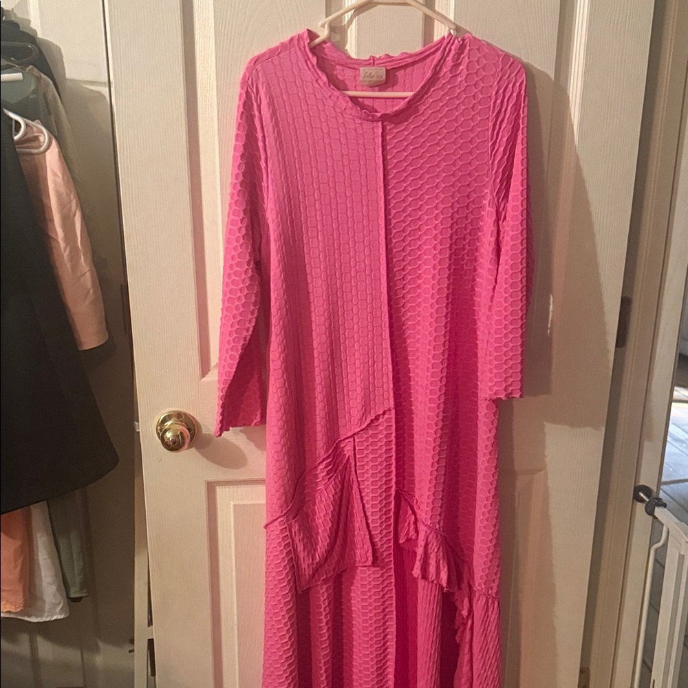 Textured Hot Pink Maxi Dress with Ruffle Detail